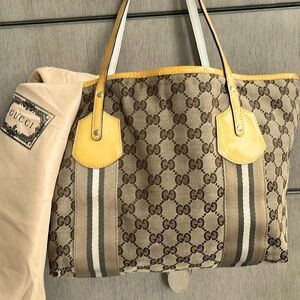 GUCCI ~ Vintage brown canvas GG Jolie large tote bag w/ yellow patent leather